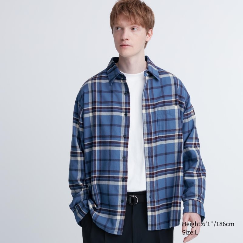 Blue Uniqlo Flannel Checked Long-sleeve Men Shirts | 4508868