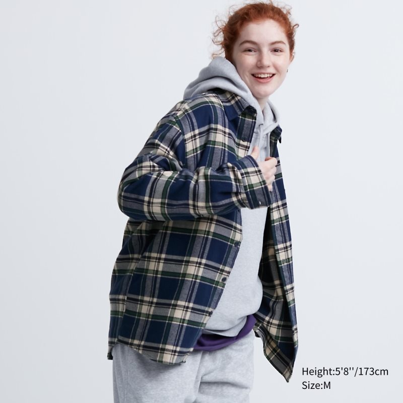 Blue Uniqlo Flannel Checked Long-sleeve Men Shirts | 6480048