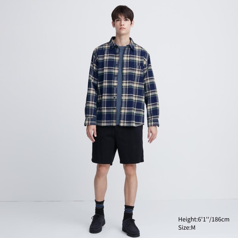 Blue Uniqlo Flannel Checked Long-sleeve Men Shirts | 6480048