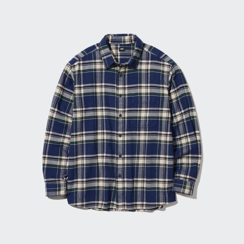 Blue Uniqlo Flannel Checked Long-sleeve Men Shirts | 6480048