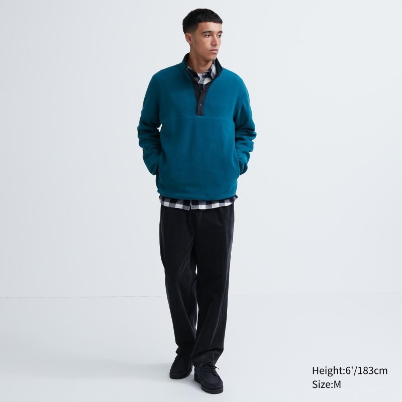 Blue Uniqlo Fleece Button Up Long Sleeve Pullover Men Hoodie | 5036477