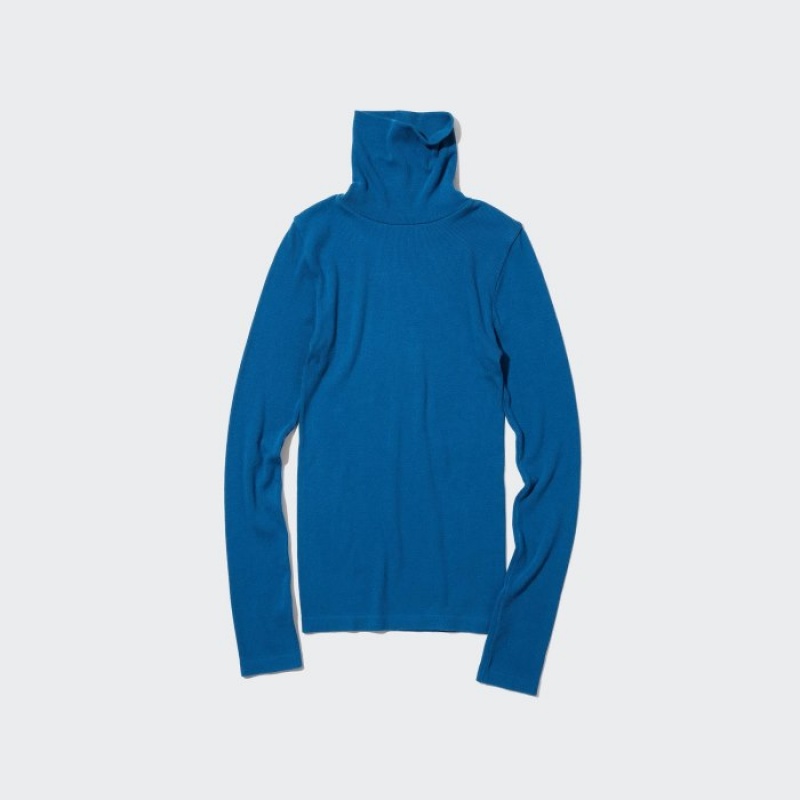 Blue Uniqlo HEATTECH Extra Warm Seamless Ribbed Turtleneck Long-Sleeve Women T Shirts | 9838954