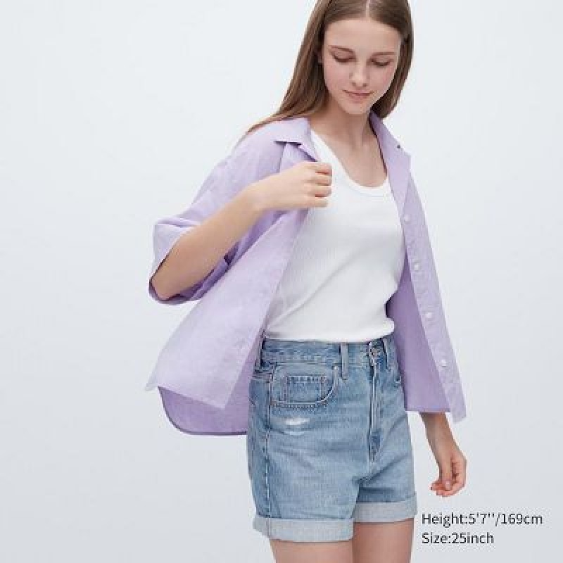 Blue Uniqlo High-Rise Denim Women Shorts | 1927283