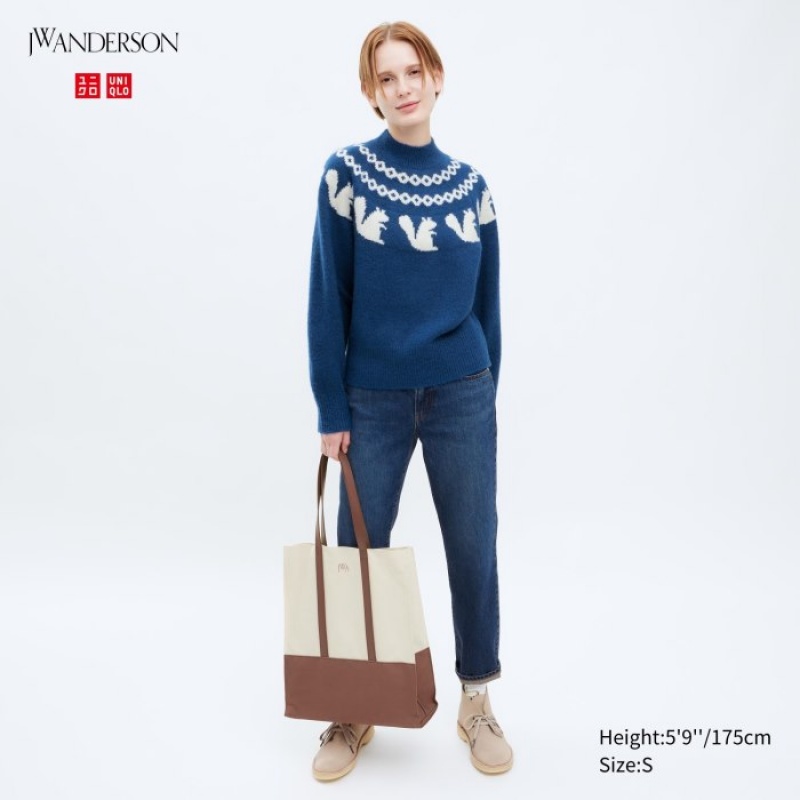 Blue Uniqlo Jacquard Crew Neck Long-Sleeve Women Sweaters | 6532986