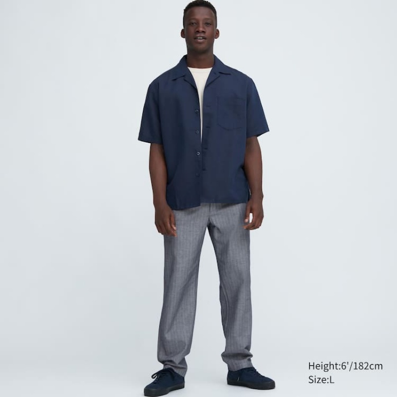 Blue Uniqlo Linen Blend Striped Relaxed Fit Men Pants | 5732392
