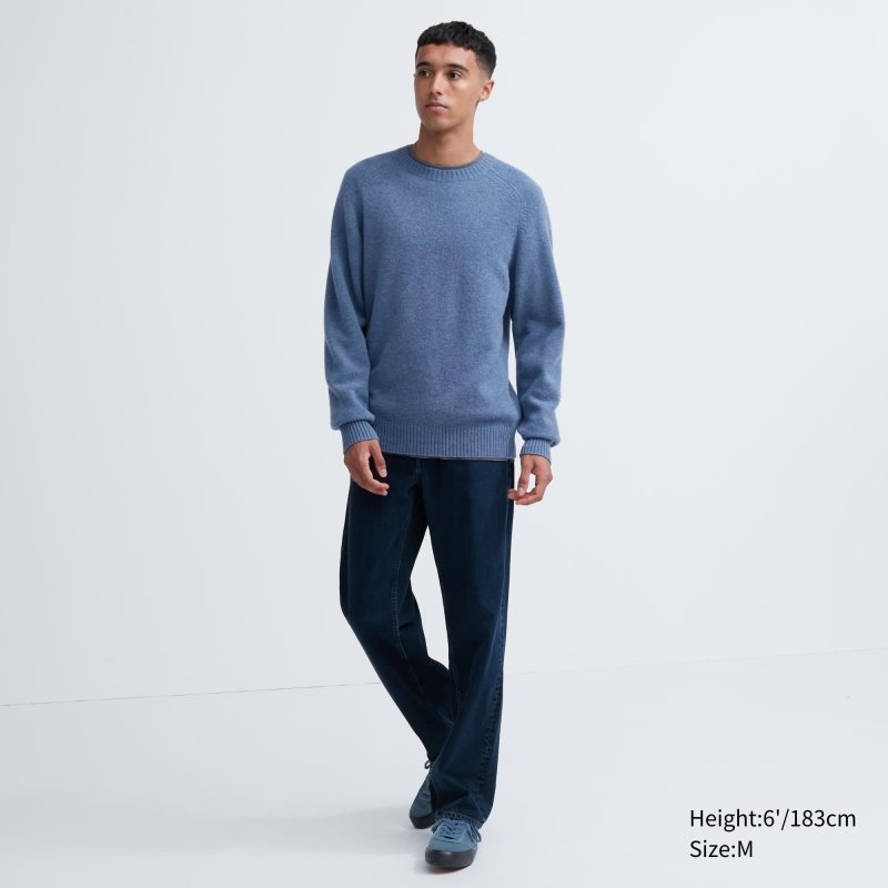 Blue Uniqlo Premium Lambswool Crew Neck Long Sleeve Men Sweaters | 9627613