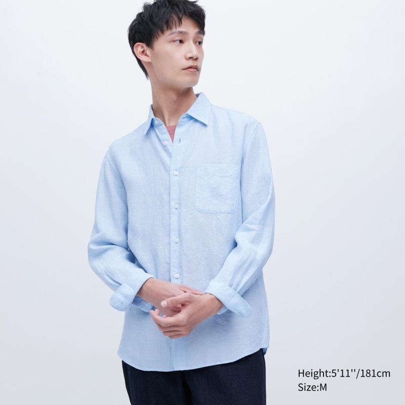 Blue Uniqlo Premium Linen Long-sleeve Men Shirts | 7279771