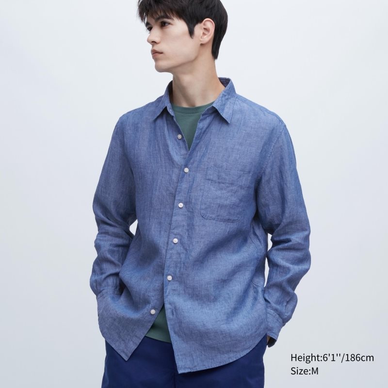 Blue Uniqlo Premium Linen Long-sleeve Men Shirts | 6908774