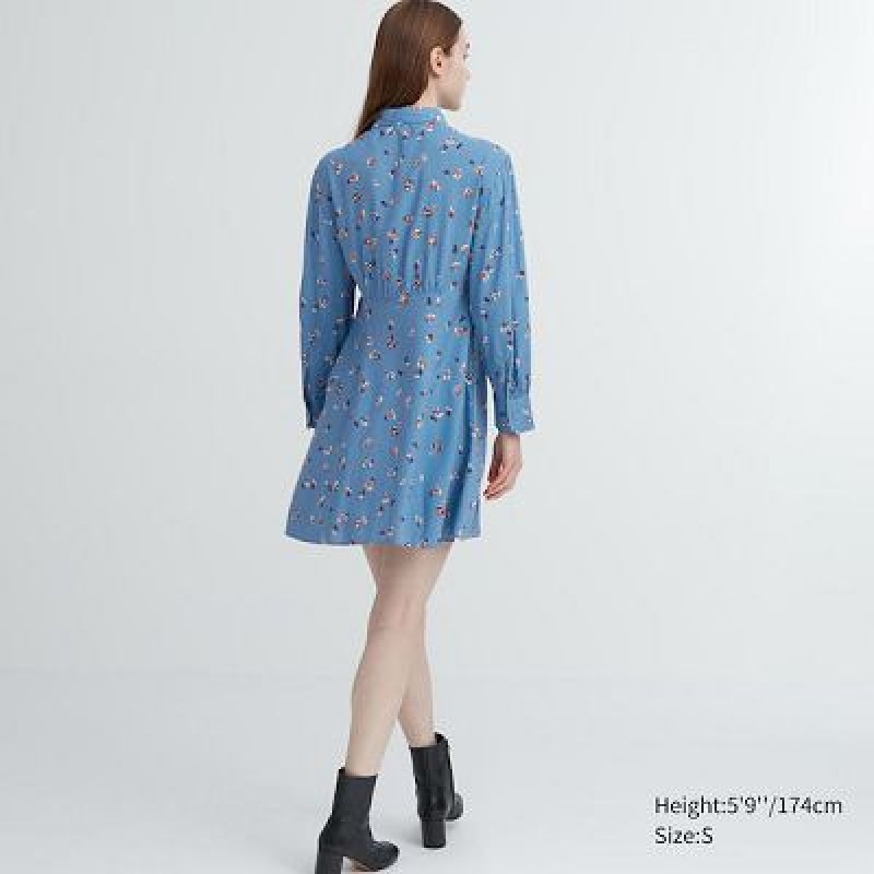 Blue Uniqlo Printed V-Neck Long-Sleeve Mini Women Dress | 7124358