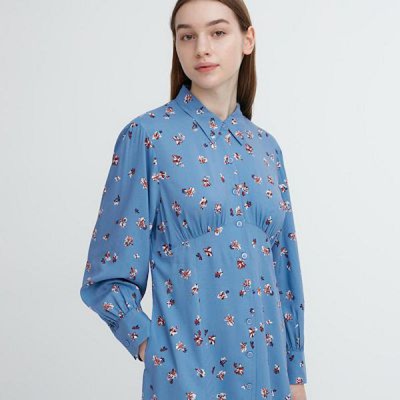 Blue Uniqlo Printed V-Neck Long-Sleeve Mini Women Dress | 7124358