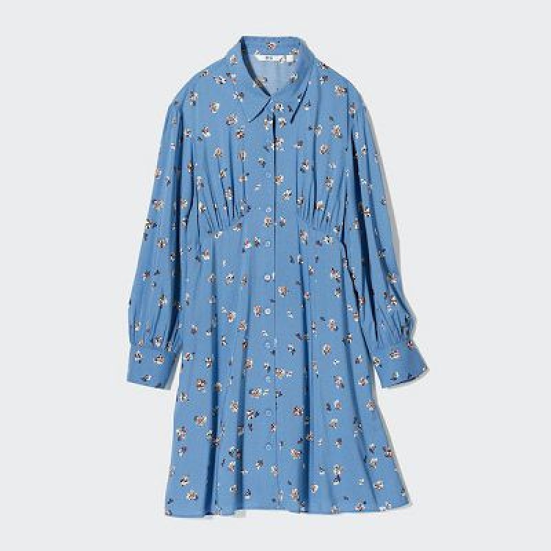 Blue Uniqlo Printed V-Neck Long-Sleeve Mini Women Dress | 7124358