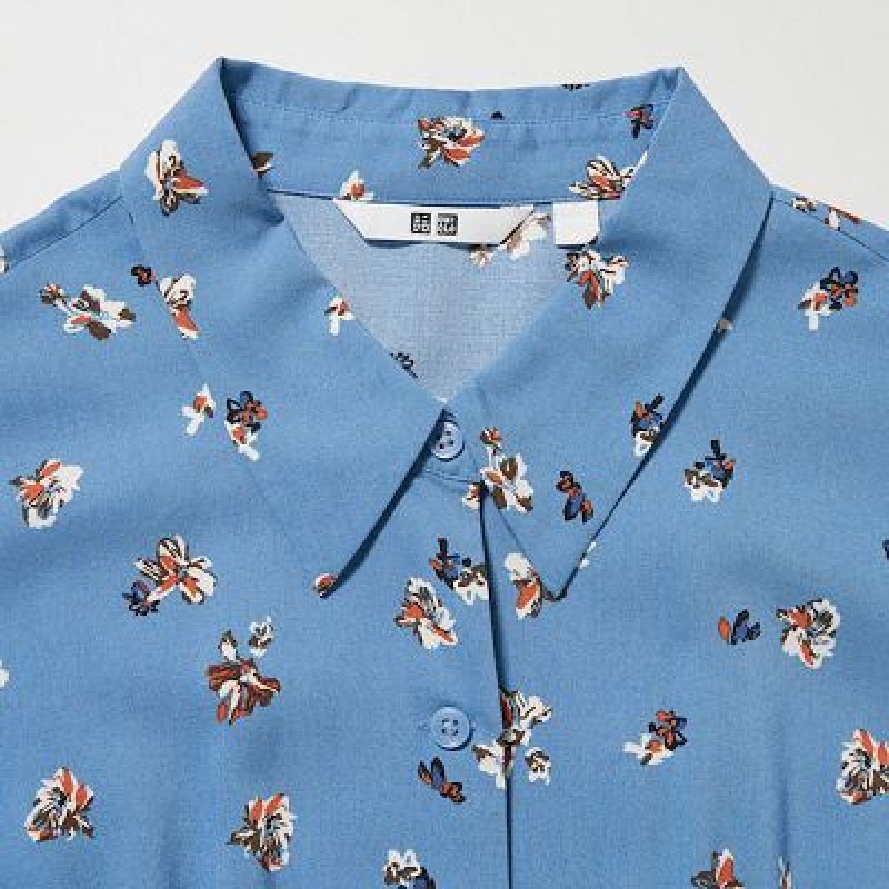Blue Uniqlo Printed V-Neck Long-Sleeve Mini Women Dress | 7124358
