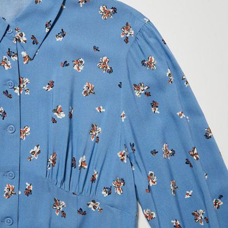 Blue Uniqlo Printed V-Neck Long-Sleeve Mini Women Dress | 7124358