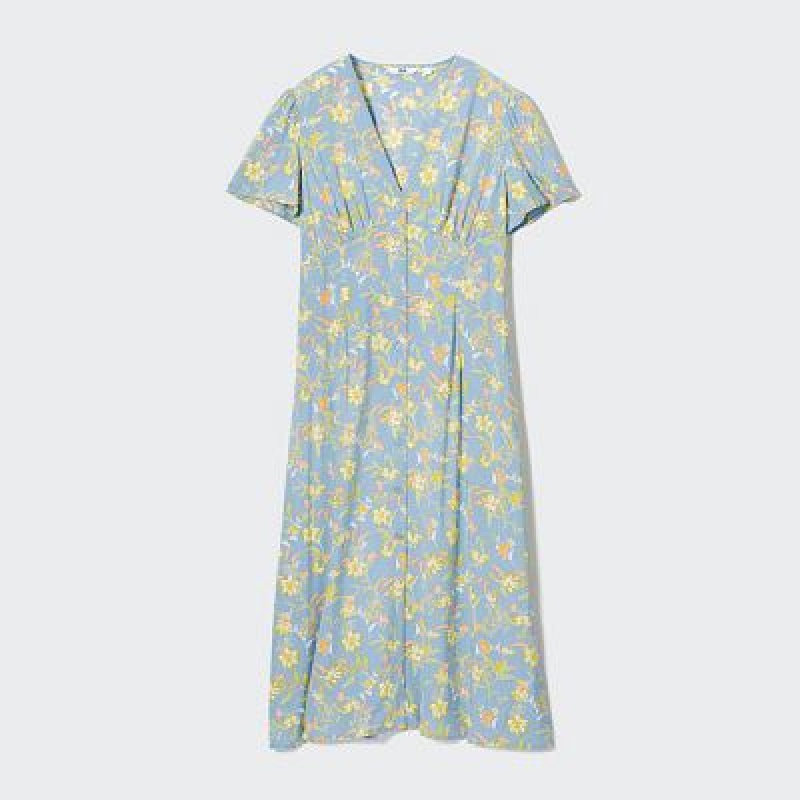 Blue Uniqlo Printed V-Neck Short-Sleeve Flare Women Dress | 8556290