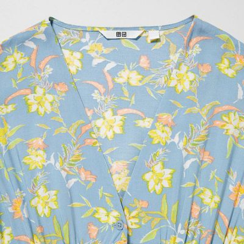 Blue Uniqlo Printed V-Neck Short-Sleeve Flare Women Dress | 8556290