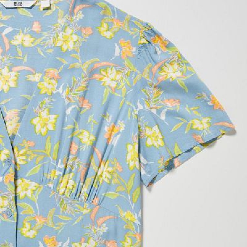 Blue Uniqlo Printed V-Neck Short-Sleeve Flare Women Dress | 8556290