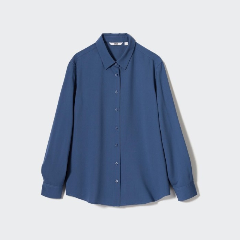 Blue Uniqlo Rayon Long-Sleeve Women Blouse | 7307910