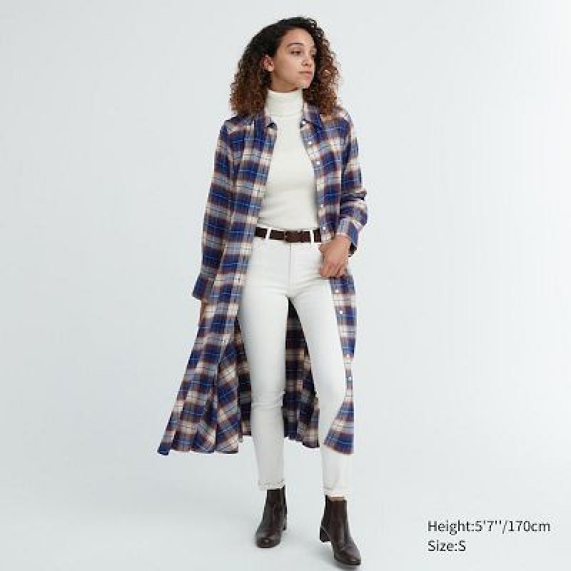 Blue Uniqlo Soft Brushed Checked Long-Sleeve Women Dress | 2733552
