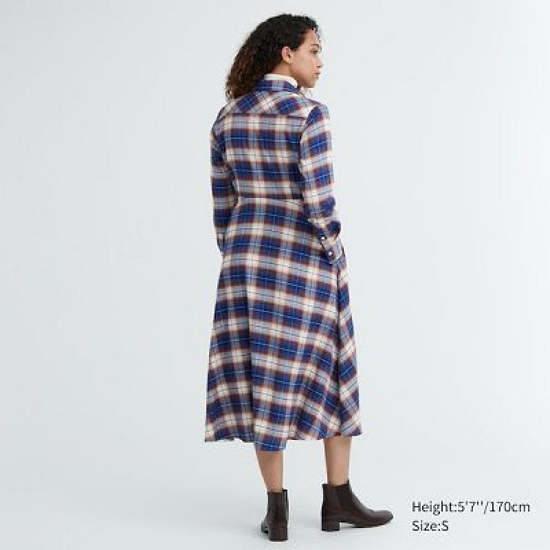Blue Uniqlo Soft Brushed Checked Long-Sleeve Women Dress | 2733552