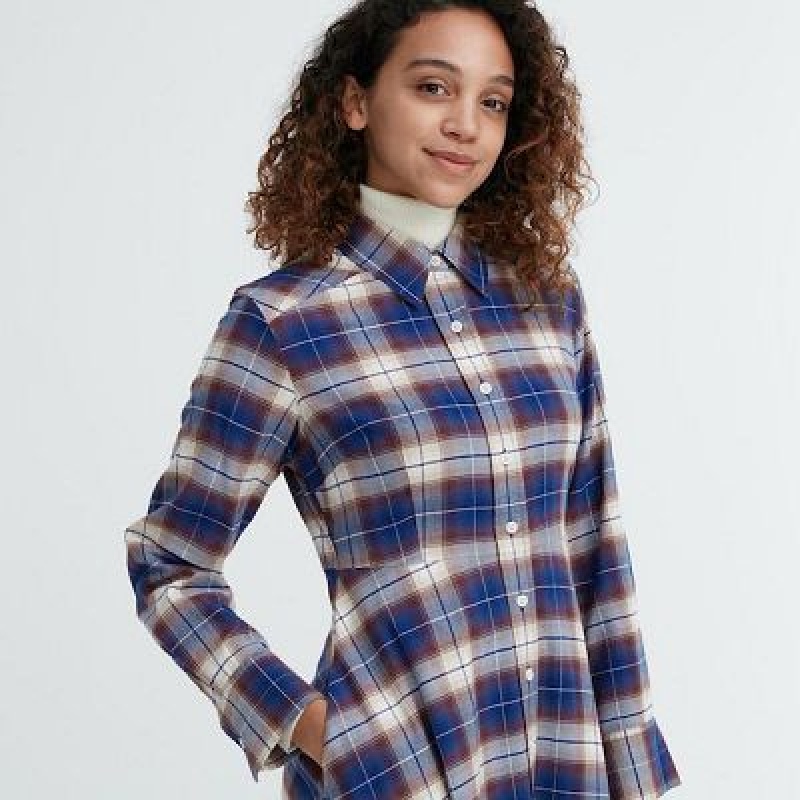 Blue Uniqlo Soft Brushed Checked Long-Sleeve Women Dress | 2733552