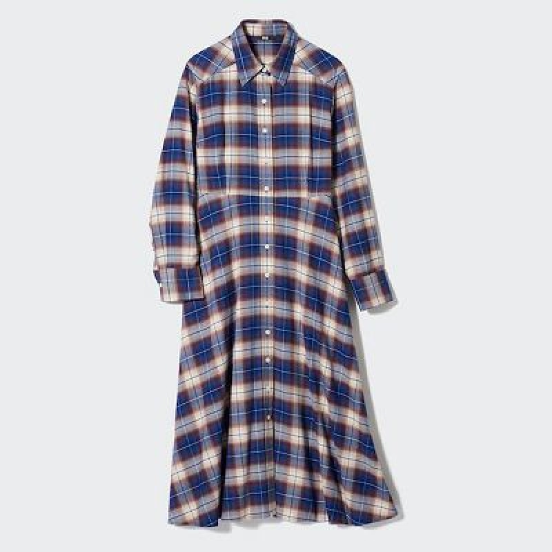Blue Uniqlo Soft Brushed Checked Long-Sleeve Women Dress | 2733552