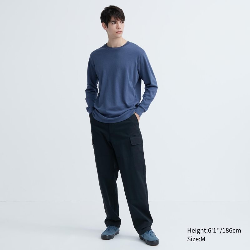 Blue Uniqlo Soft Brushed Crew Neck Long-sleeve Men T Shirts | 202744