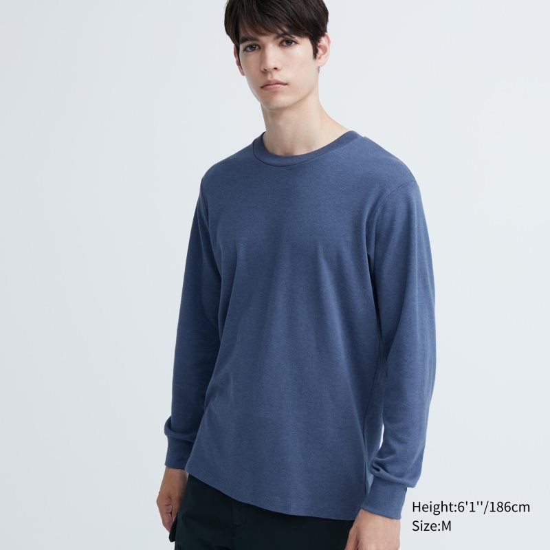 Blue Uniqlo Soft Brushed Crew Neck Long-sleeve Men T Shirts | 202744