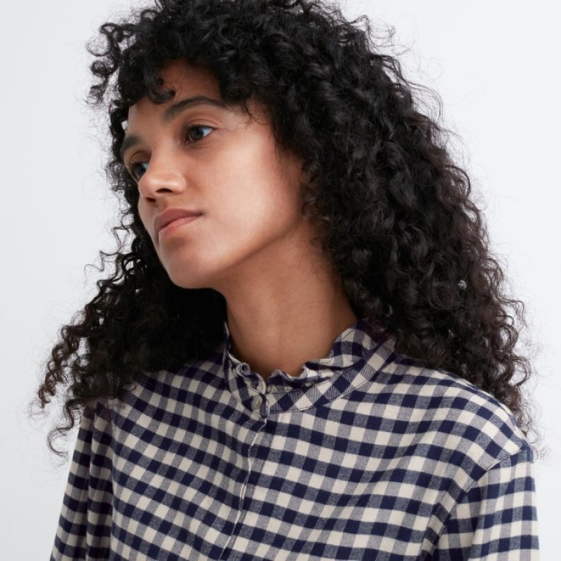 Blue Uniqlo Soft Brushed Stand Collar Long-Sleeve Women Shirts | 8057235