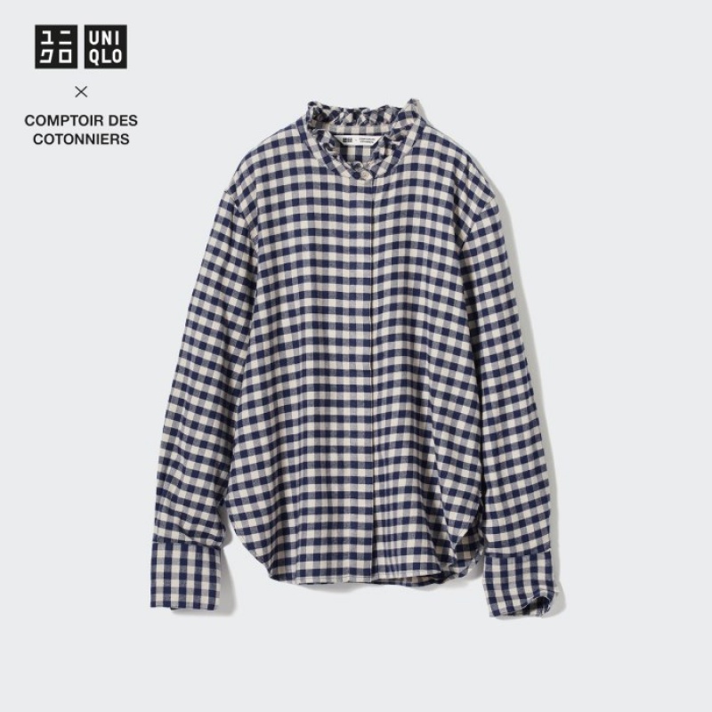 Blue Uniqlo Soft Brushed Stand Collar Long-Sleeve Women Shirts | 8057235