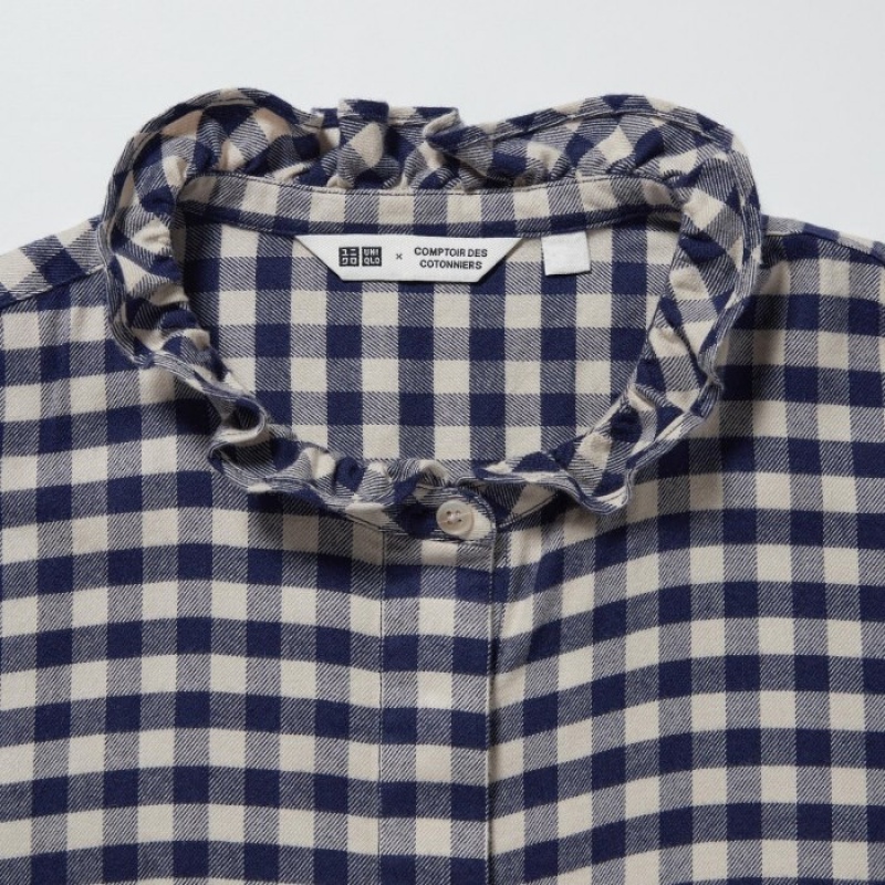 Blue Uniqlo Soft Brushed Stand Collar Long-Sleeve Women Shirts | 8057235