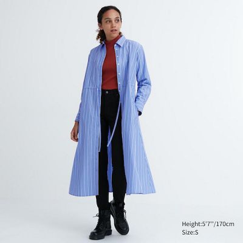 Blue Uniqlo Striped Cotton Long-Sleeve Women Dress | 348666