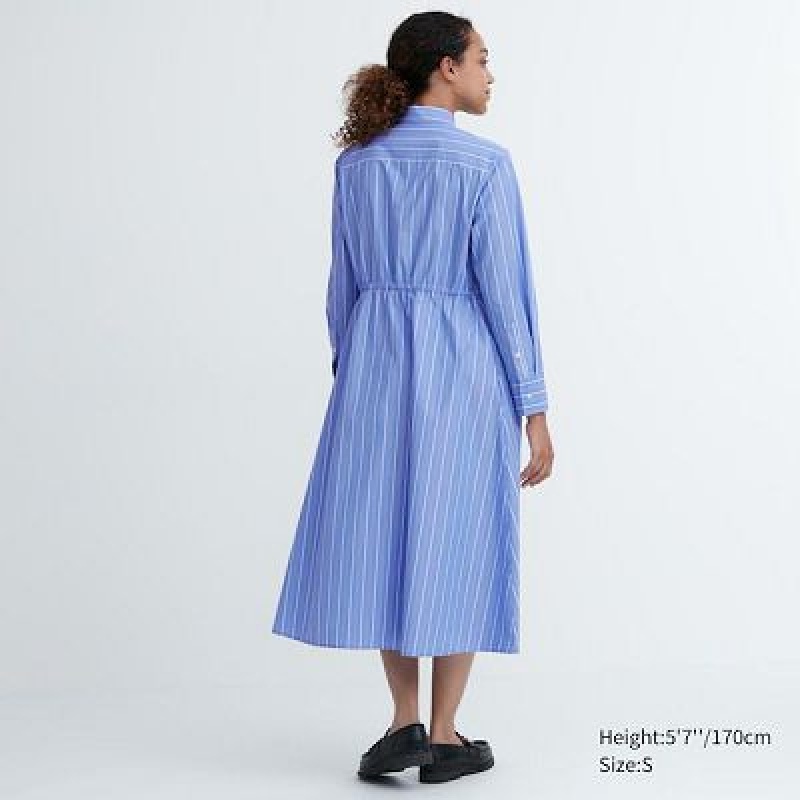 Blue Uniqlo Striped Cotton Long-Sleeve Women Dress | 348666