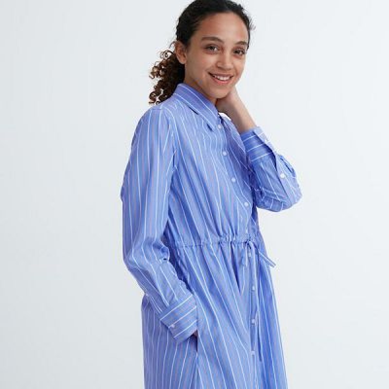 Blue Uniqlo Striped Cotton Long-Sleeve Women Dress | 348666