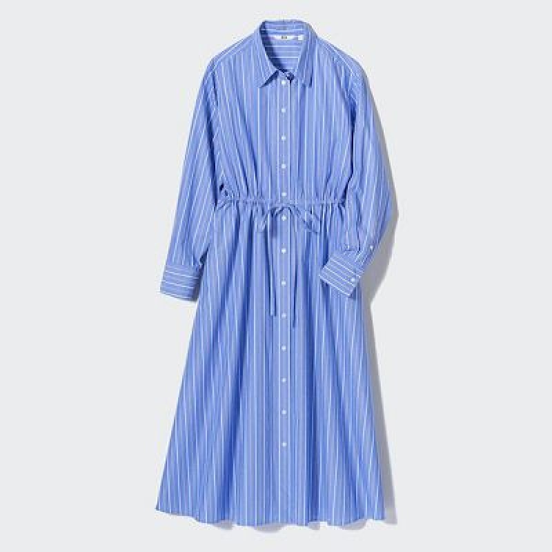 Blue Uniqlo Striped Cotton Long-Sleeve Women Dress | 348666