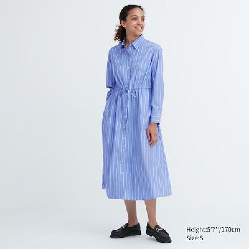 Blue Uniqlo Striped Cotton Long-Sleeve Women Dress | 348666