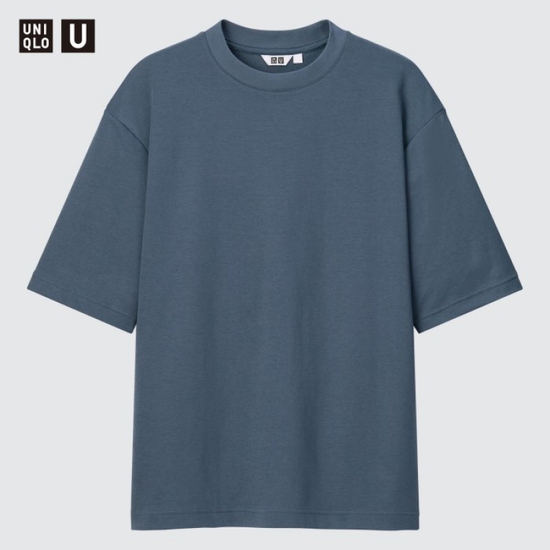 Blue Uniqlo U AIRism Cotton Oversized Crew Neck Half-Sleeve Women T Shirts | 7928937