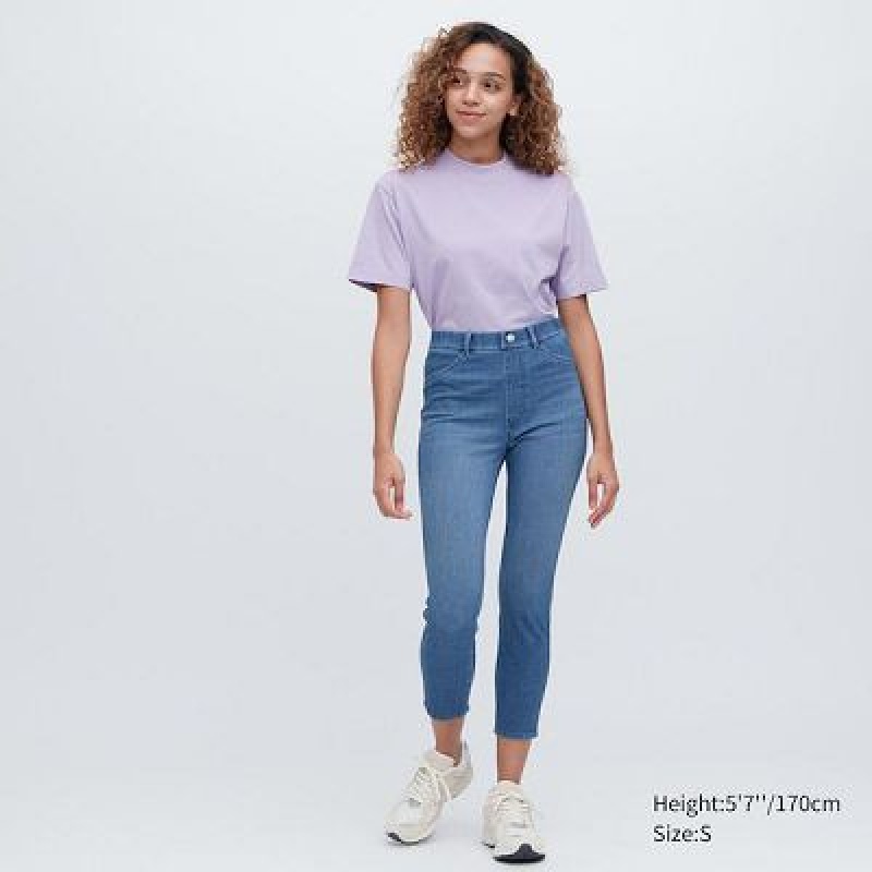 Blue Uniqlo Ultra Stretch Denim Cropped Women Leggings | 7078605