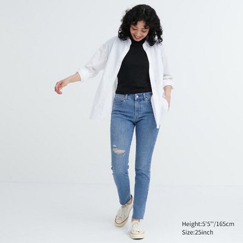 Blue Uniqlo Ultra Stretch Distressed Women Jeans | 9761472