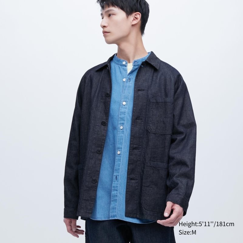 Blue Uniqlo Utility Denim Cotton Linen Men Jackets | 4918484
