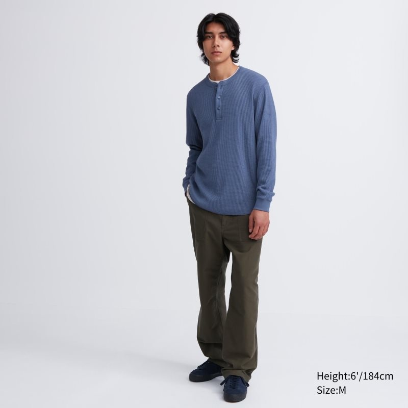 Blue Uniqlo Waffle Henley Neck Long-sleeve Men T Shirts | 7779685