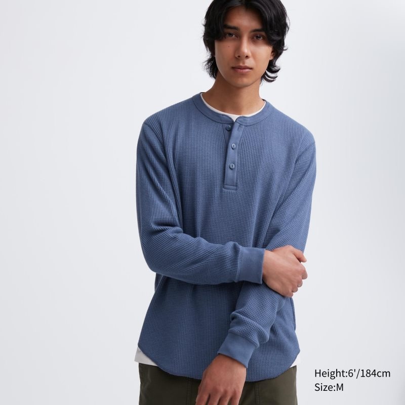 Blue Uniqlo Waffle Henley Neck Long-sleeve Men T Shirts | 7779685