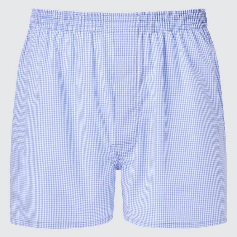 Blue Uniqlo Woven Gingham Checked Boxer Men Underwear | 3546442