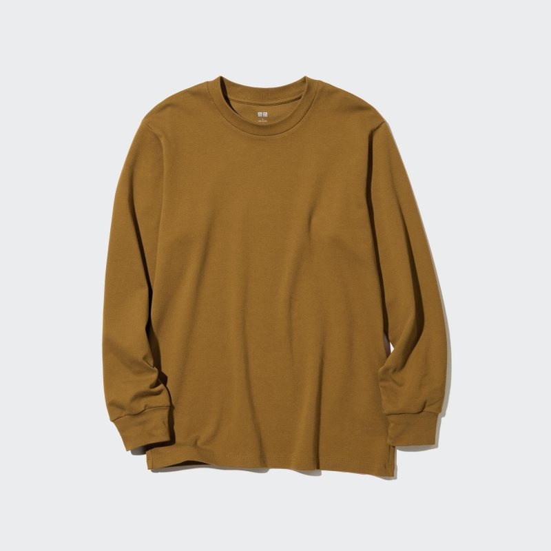 Brown Uniqlo Brushed Cotton Crew Neck Long-sleeve Men T Shirts | 7341241