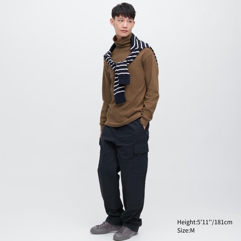Brown Uniqlo Brushed Cotton Turtleneck Long-sleeve Men T Shirts | 9737924