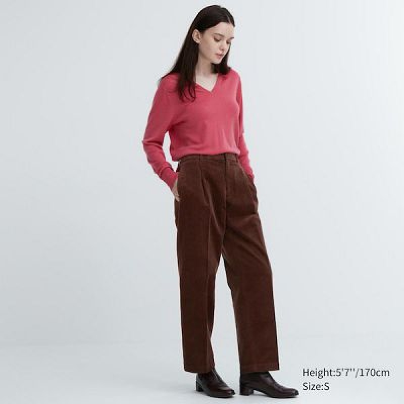 Brown Uniqlo Corduroy Wide-Fit Pleated Women Pants | 4683530