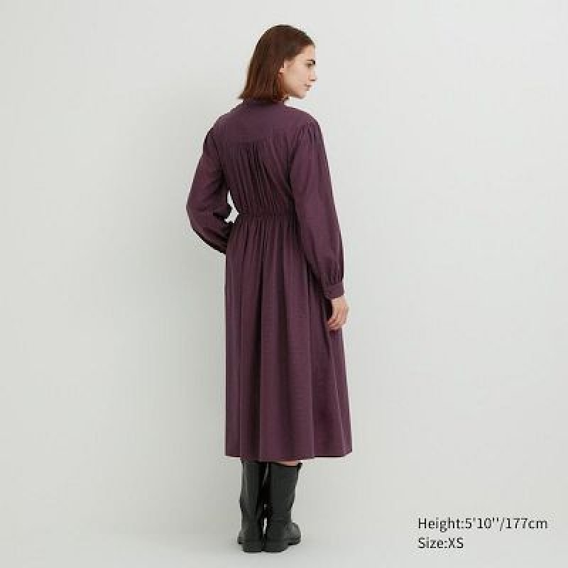 Brown Uniqlo Cotton Twill Checked Volume Sleeve Long Women Dress | 1863897