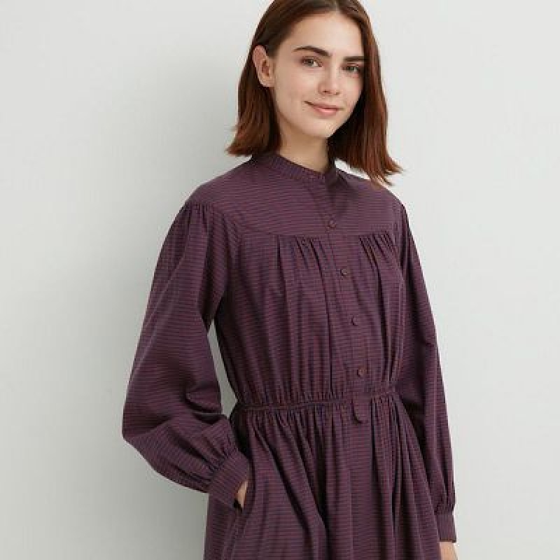 Brown Uniqlo Cotton Twill Checked Volume Sleeve Long Women Dress | 1863897