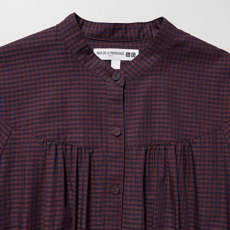 Brown Uniqlo Cotton Twill Checked Volume Sleeve Long Women Dress | 1863897