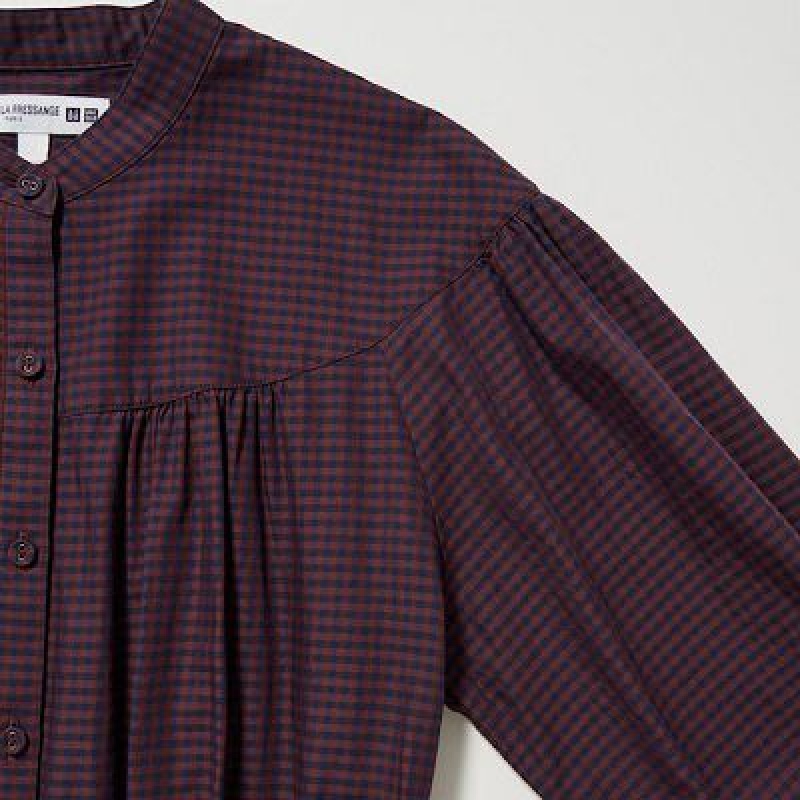 Brown Uniqlo Cotton Twill Checked Volume Sleeve Long Women Dress | 1863897