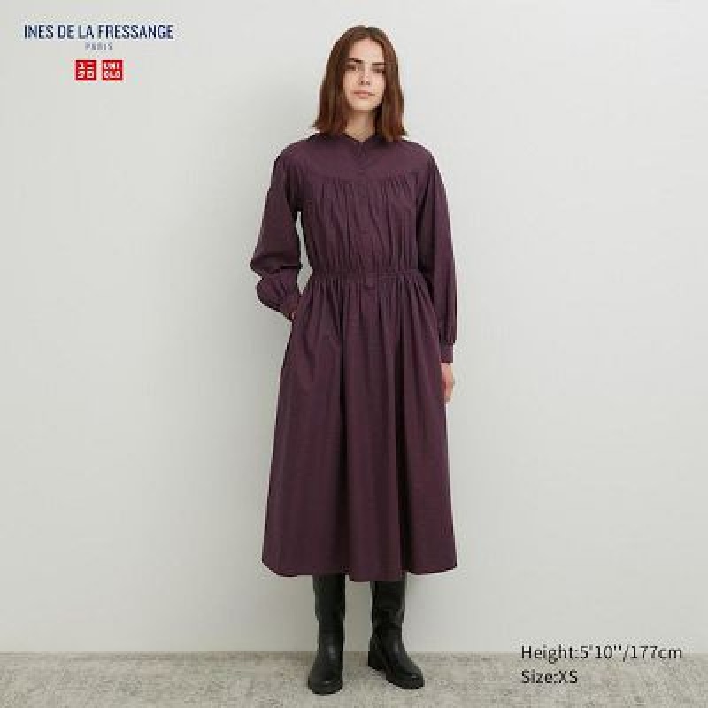 Brown Uniqlo Cotton Twill Checked Volume Sleeve Long Women Dress | 1863897